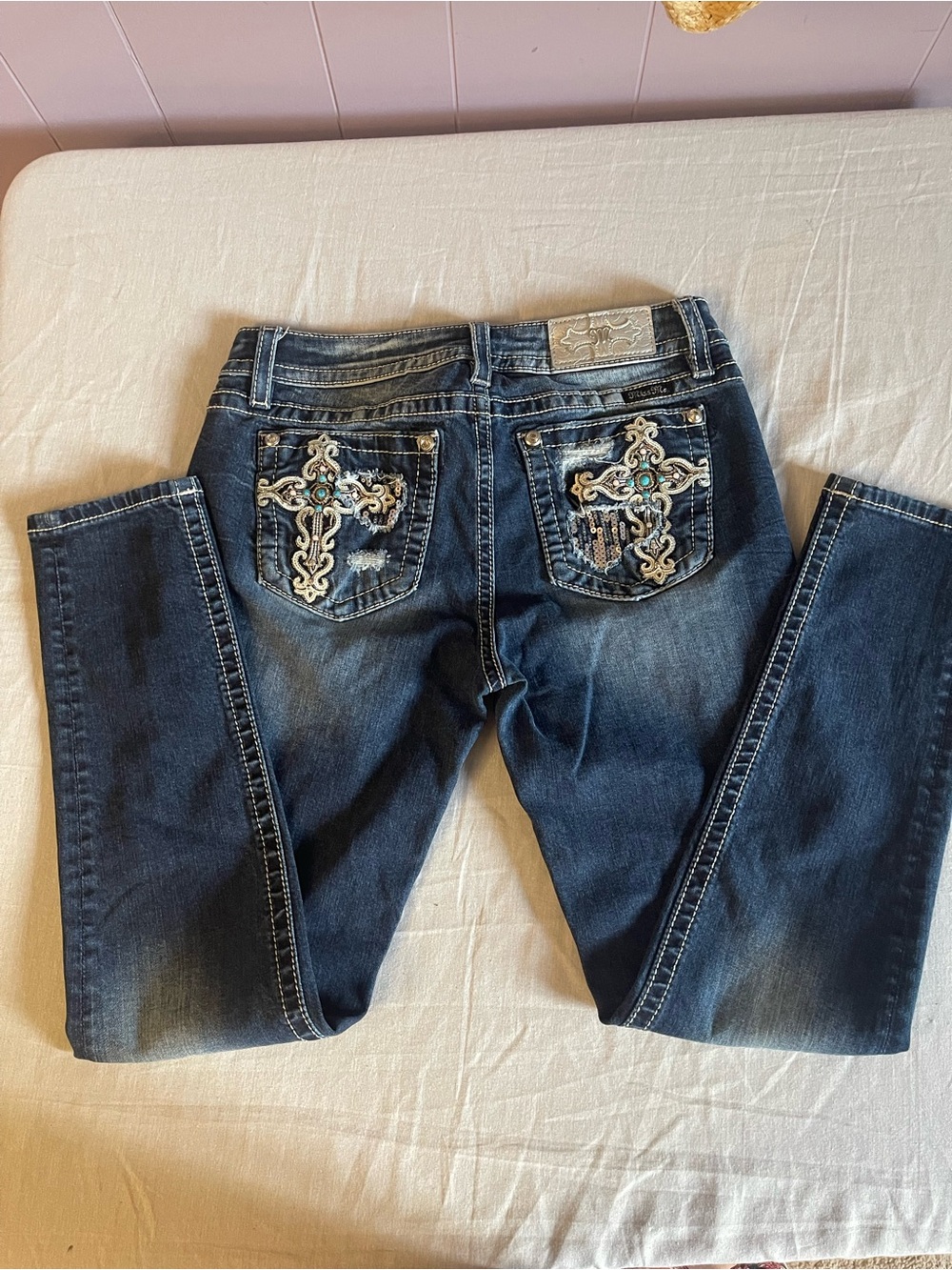 Miss Me Dark Blue Bootcut Jeans with Embroidered Cross Pockets